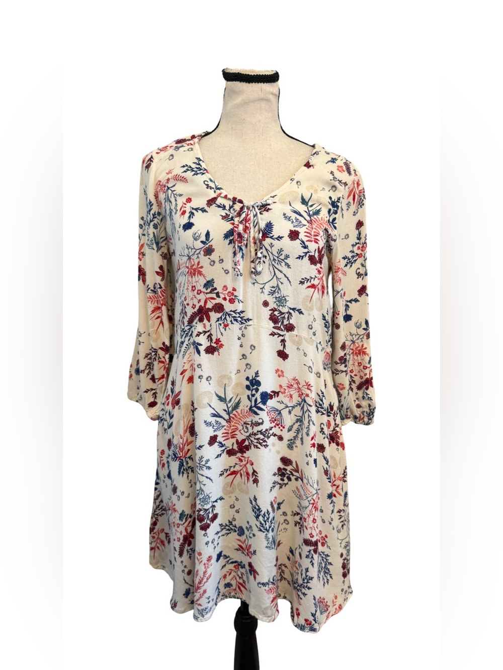 Mudd Floral Tunic Dress Boho Blue Red Print Tie Front Long Sleeve S
